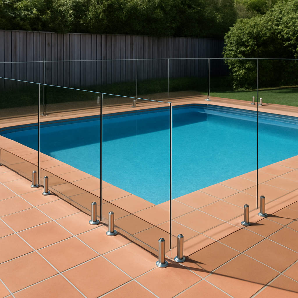 Frameless glass pool fence surrounding a residential pool